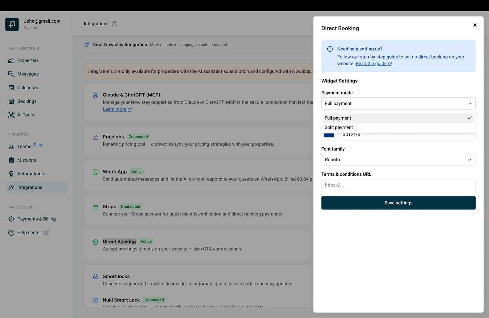 Direct Booking widget settings showing payment mode, font family and terms URL options