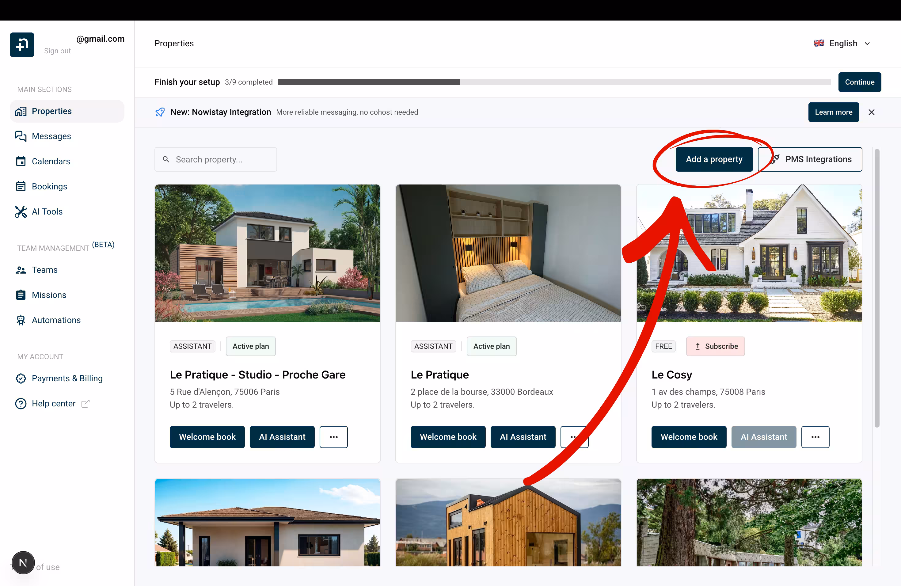 Nowistay Properties page with the Add a property button