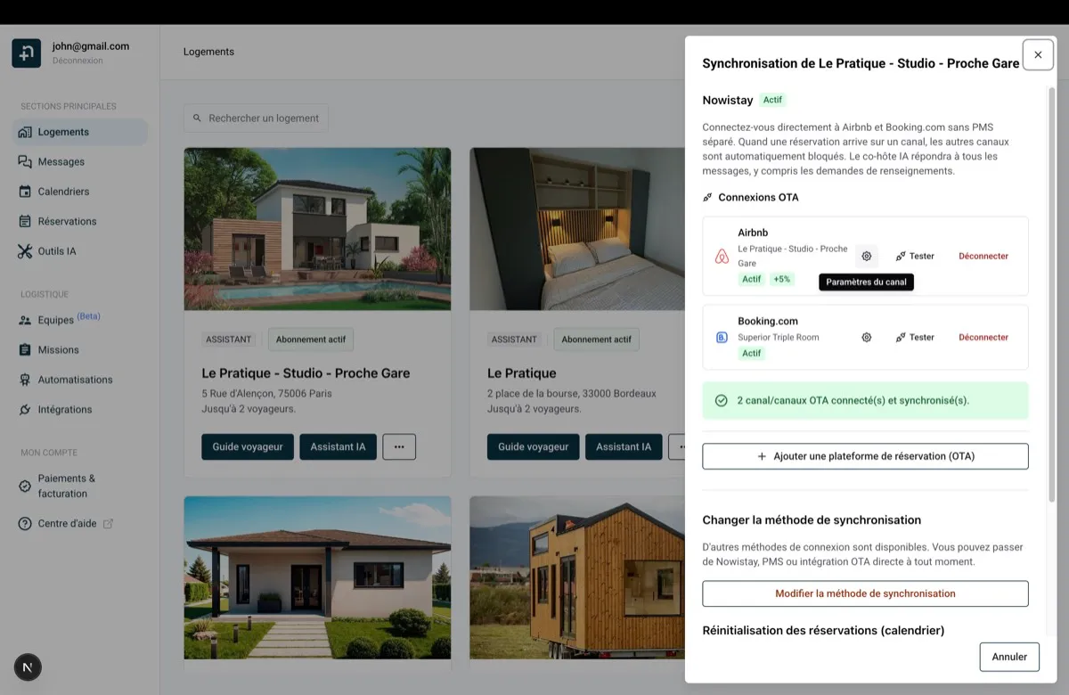 Tiroir de synchronisation Nowistay montrant le bouton Paramètres du canal pour Airbnb