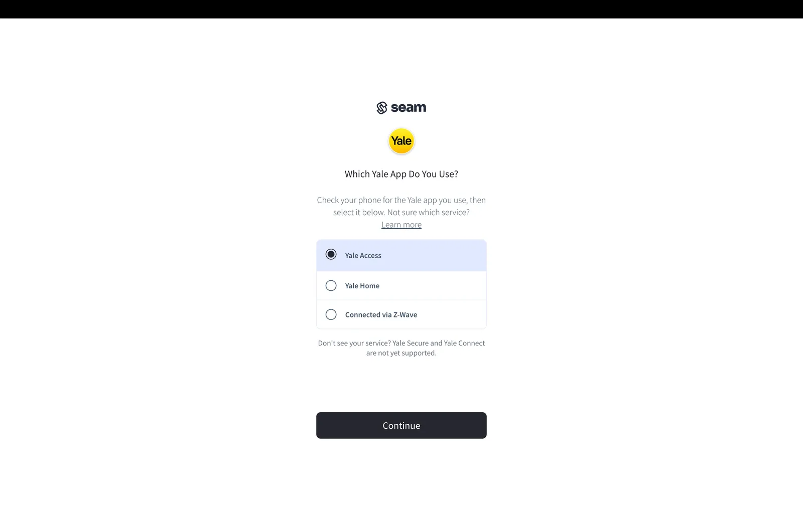 Yale app selection screen showing Yale Access, Yale Home, and Connected via Z-Wave