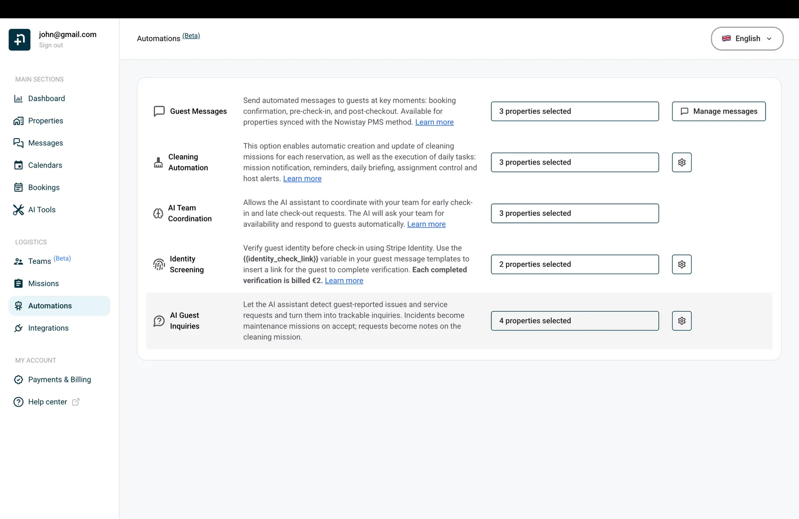 The Automations page in Nowistay showing the AI Guest Inquiries automation card next to AI Team Coordination and other automations.