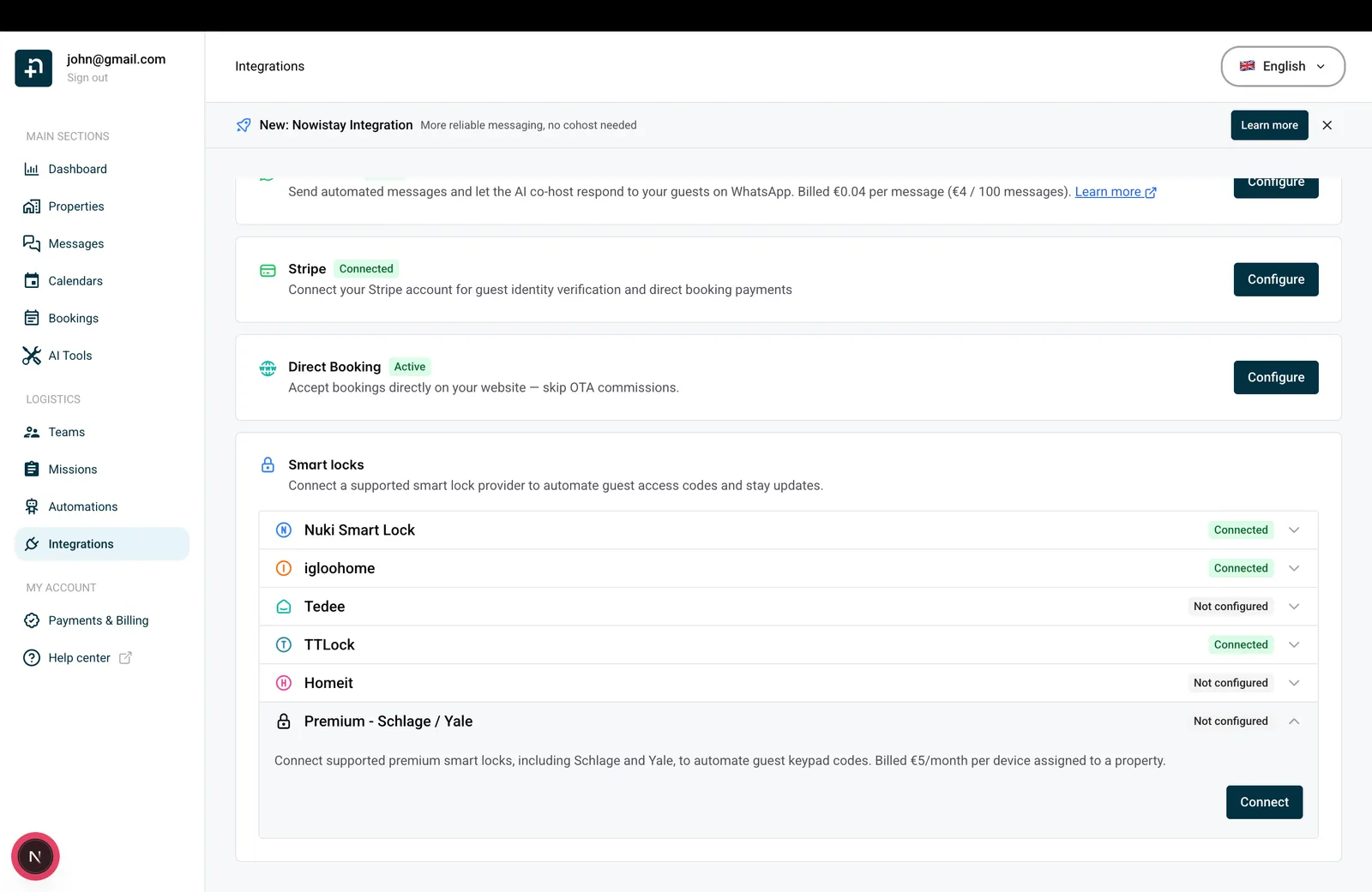Nowistay Integrations page showing the Premium smart locks card