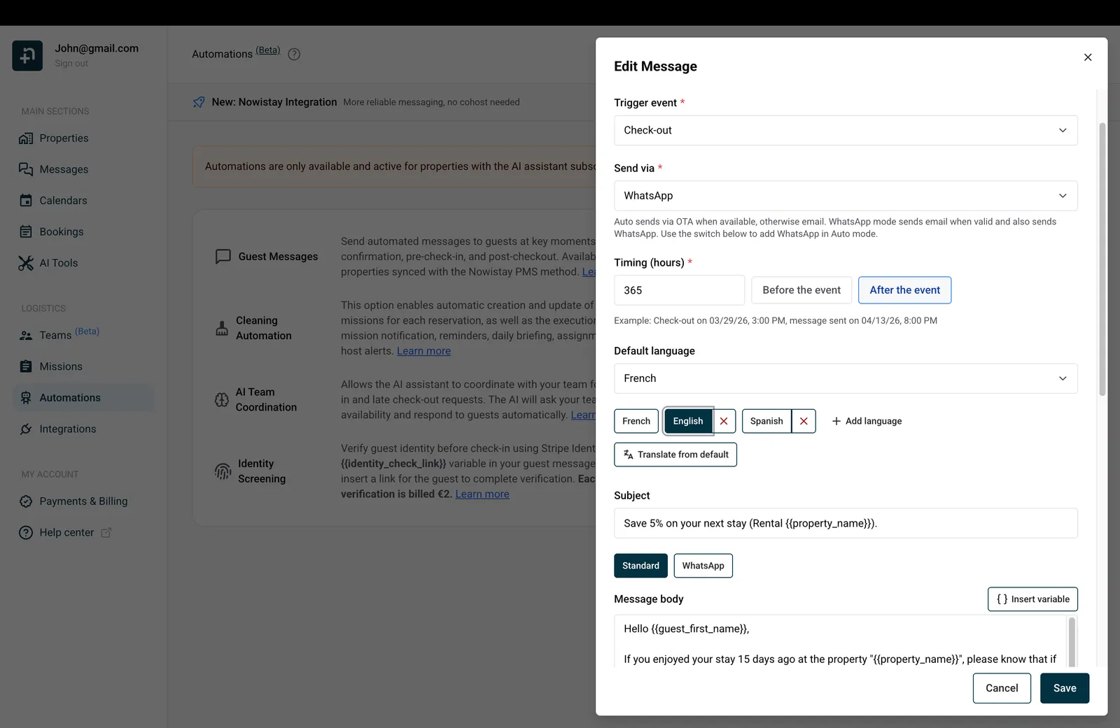 Scheduled message setup with checkout trigger, WhatsApp channel, 365-hour delay and multi-language support