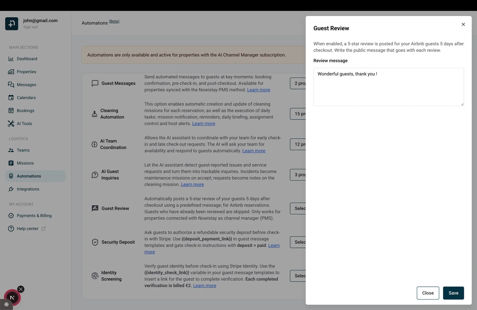 The Guest Review settings panel with the Review message field
