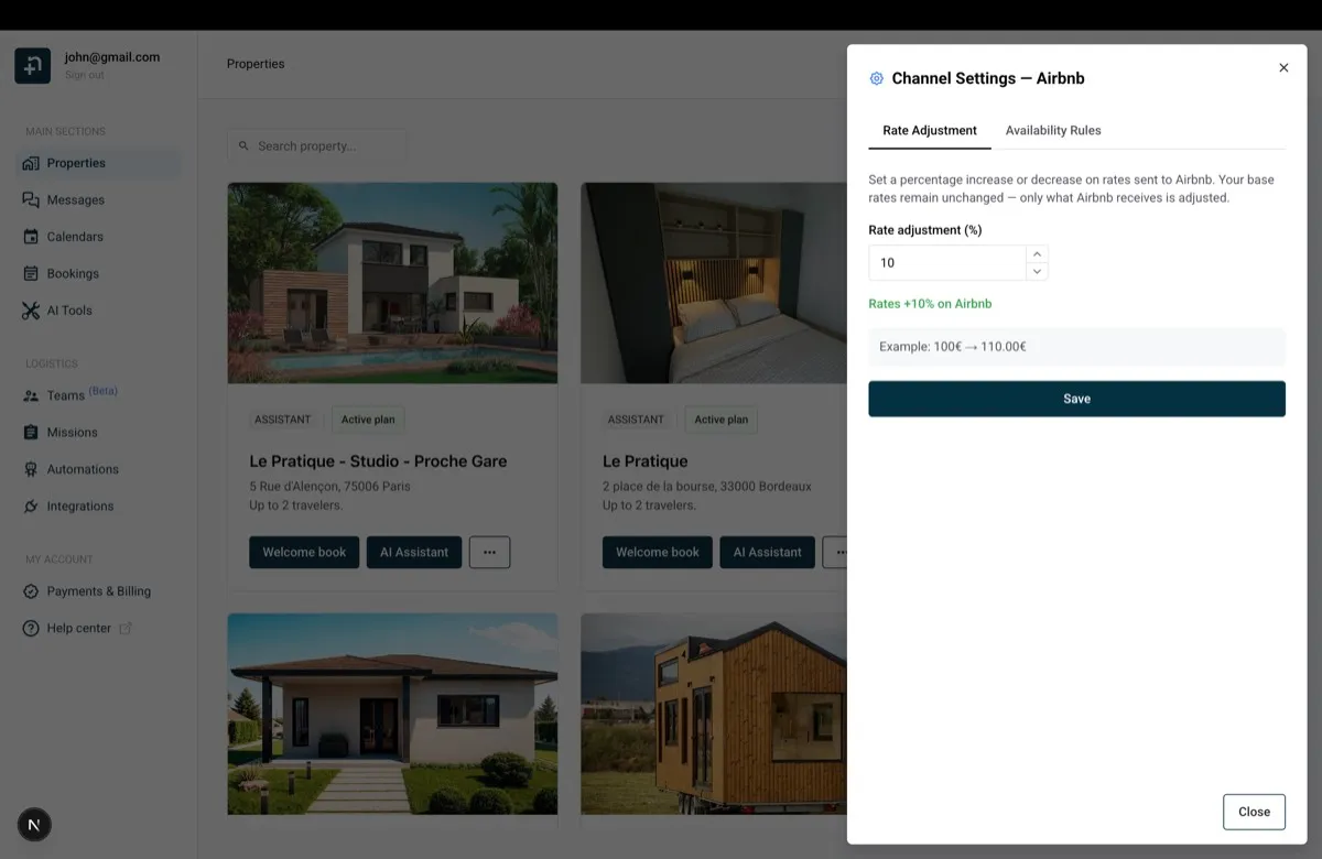 Nowistay channel settings dialog showing the Rate Adjustment tab with a 10 percent increase for Airbnb