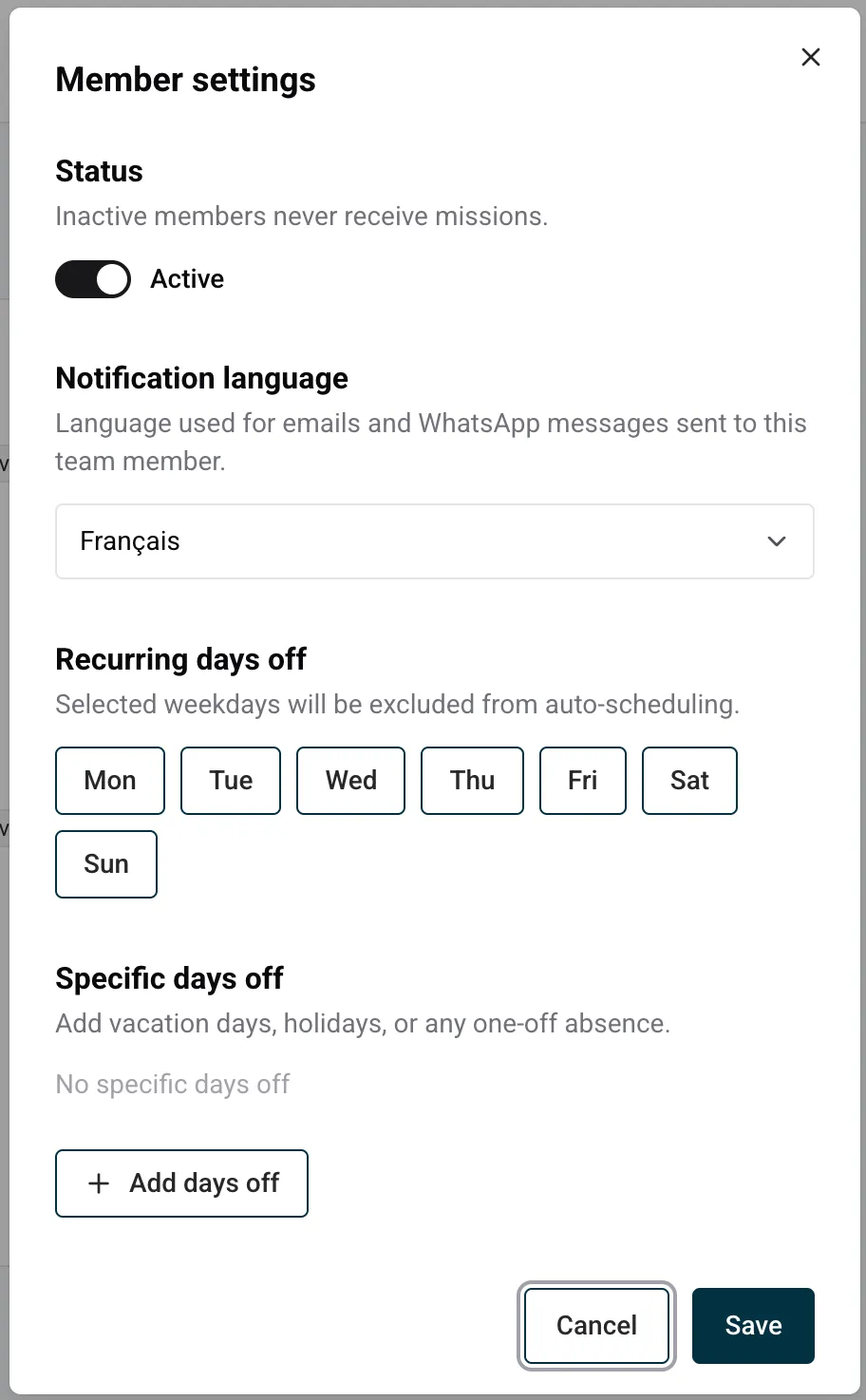 Team member settings panel — availability, language, active toggle