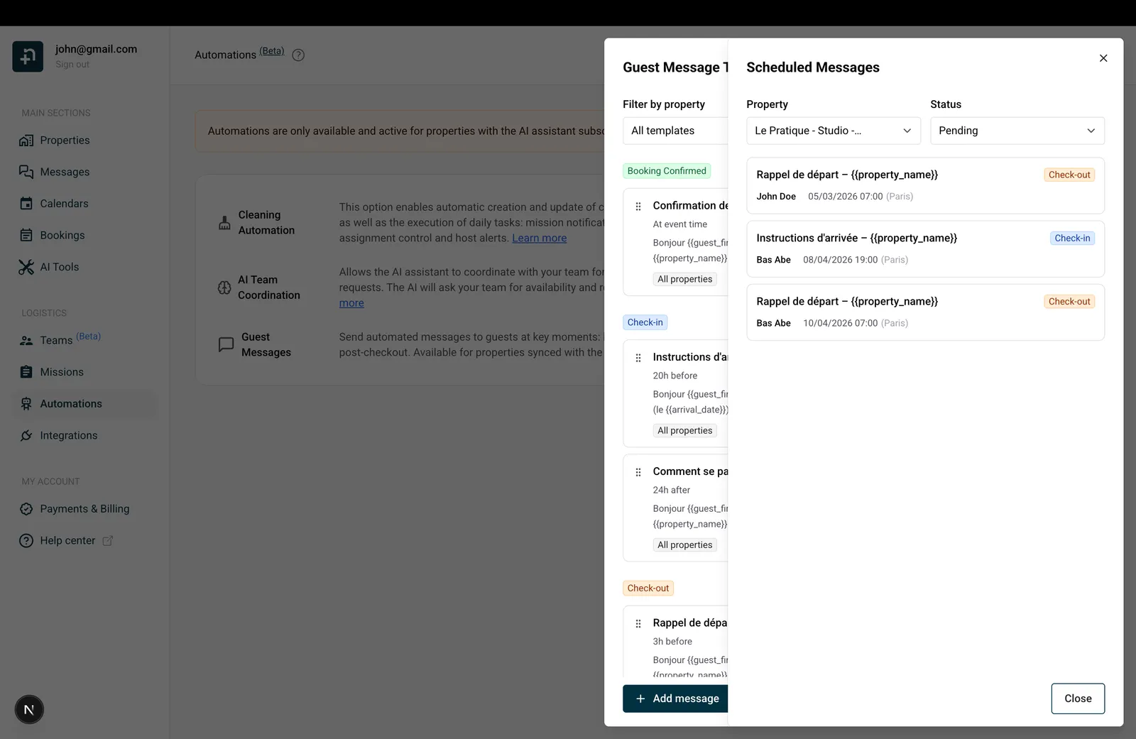 Scheduled Messages view showing pending messages with color-coded trigger tags, guest names, and scheduled send times