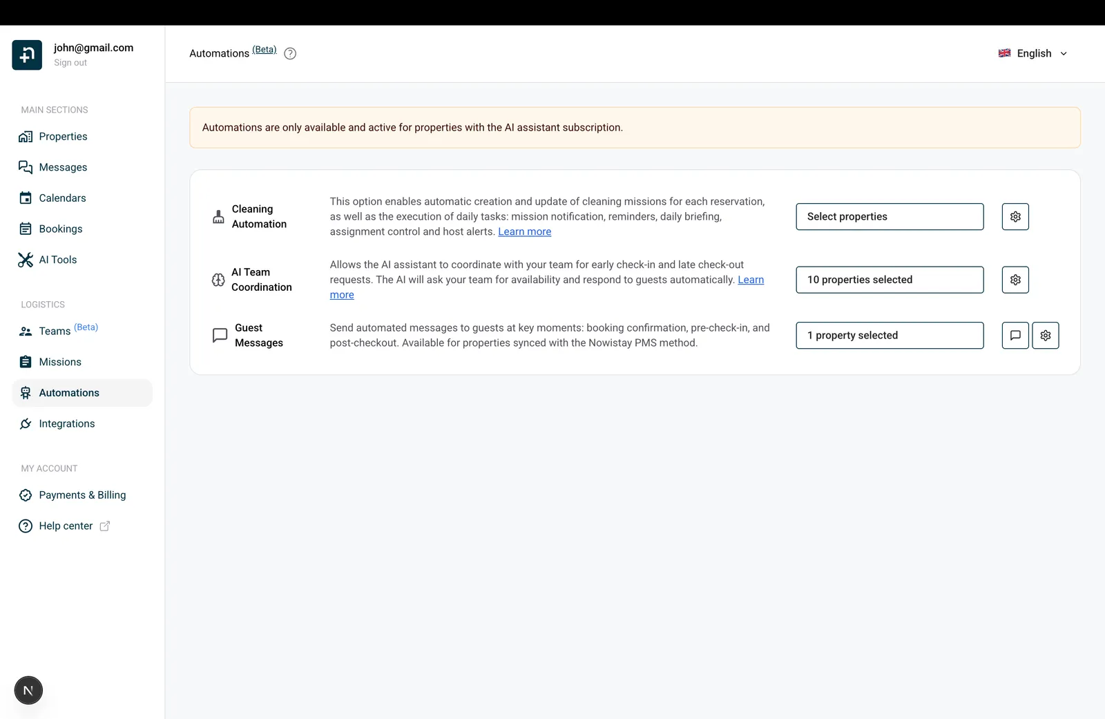 Nowistay Automations page showing three automation types: Cleaning Automation, AI Team Coordination, and Guest Messages