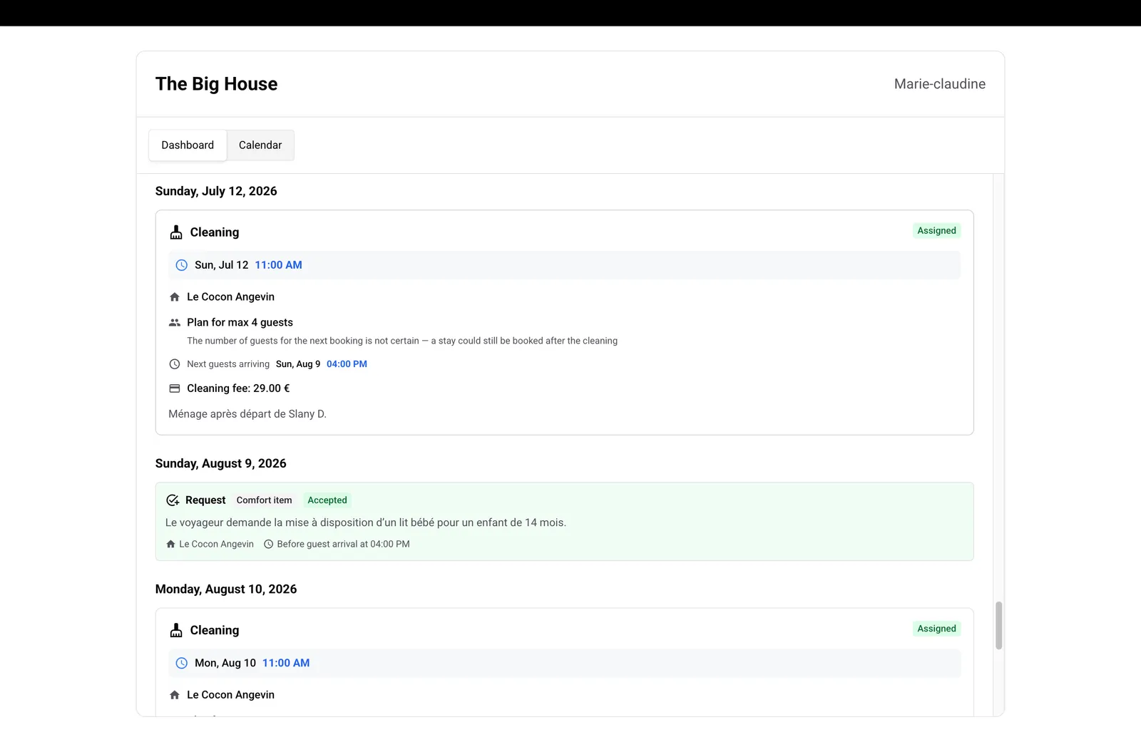 Dashboard tab showing a cleaning mission and a guest inquiry