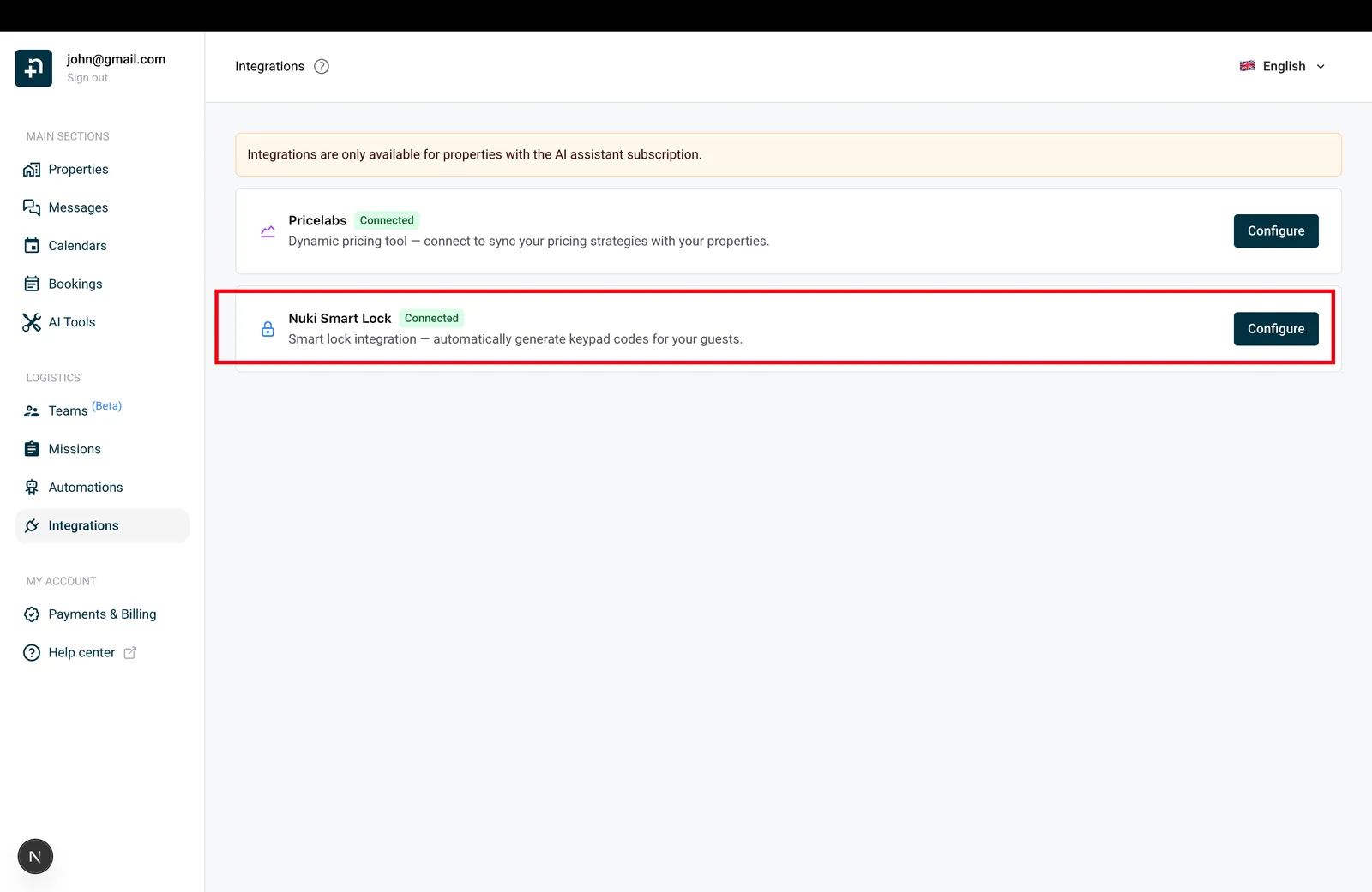 Nowistay Integrations page showing the Nuki Smart Lock card