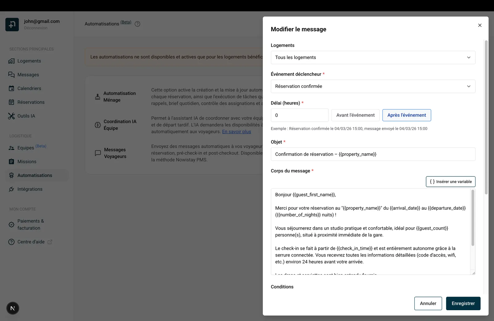 Boîte de dialogue Modifier le message montrant le sélecteur de logements, l'événement déclencheur, le délai avec les boutons Avant/Après, le sélecteur Envoi, l'objet et le corps du message avec le bouton Insérer une variable