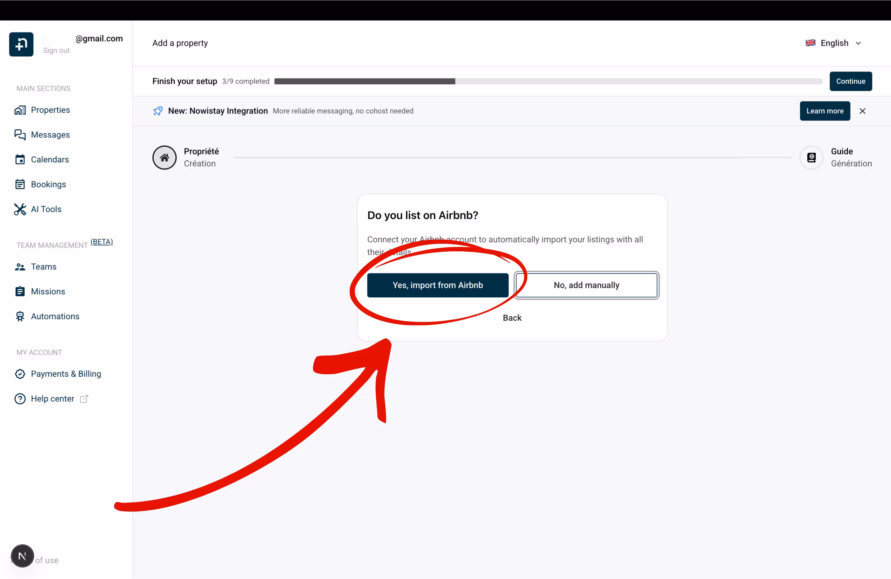 Add a property wizard: Do you list on Airbnb? Click Yes, import from Airbnb