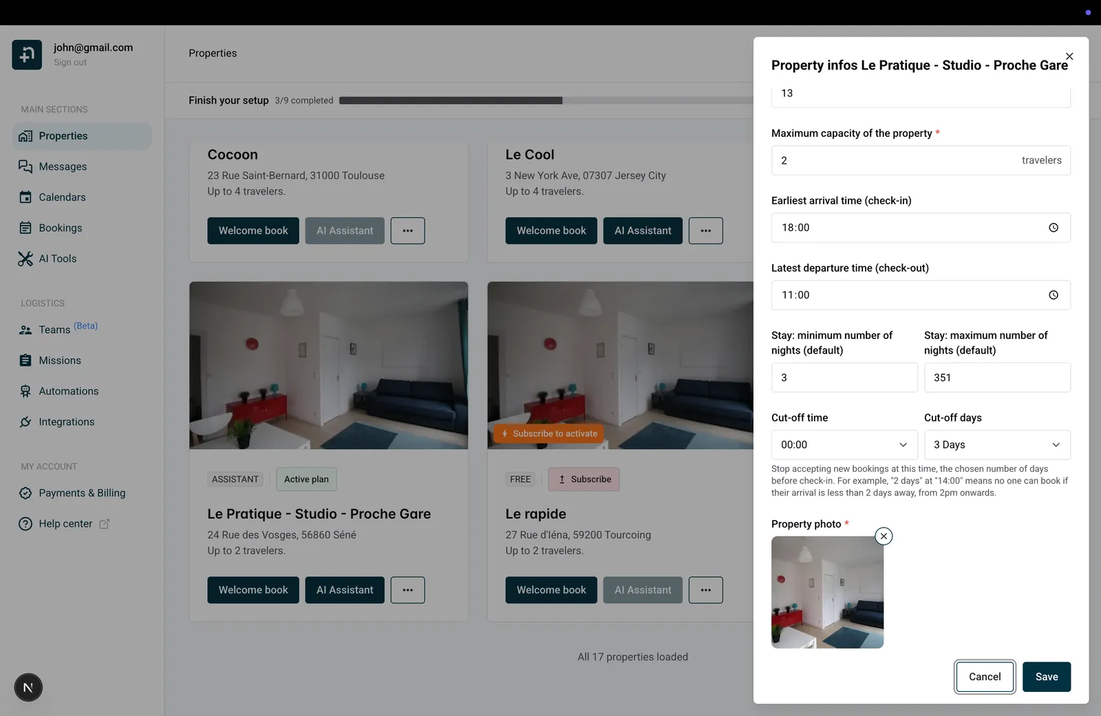 Property info drawer showing minimum stay, maximum stay, cut-off time, and cut-off days settings