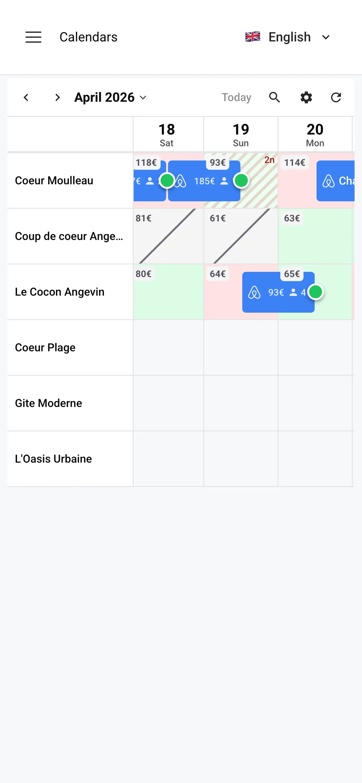 Nowistay mobile calendar view showing properties with color-coded availability and restriction stripes
