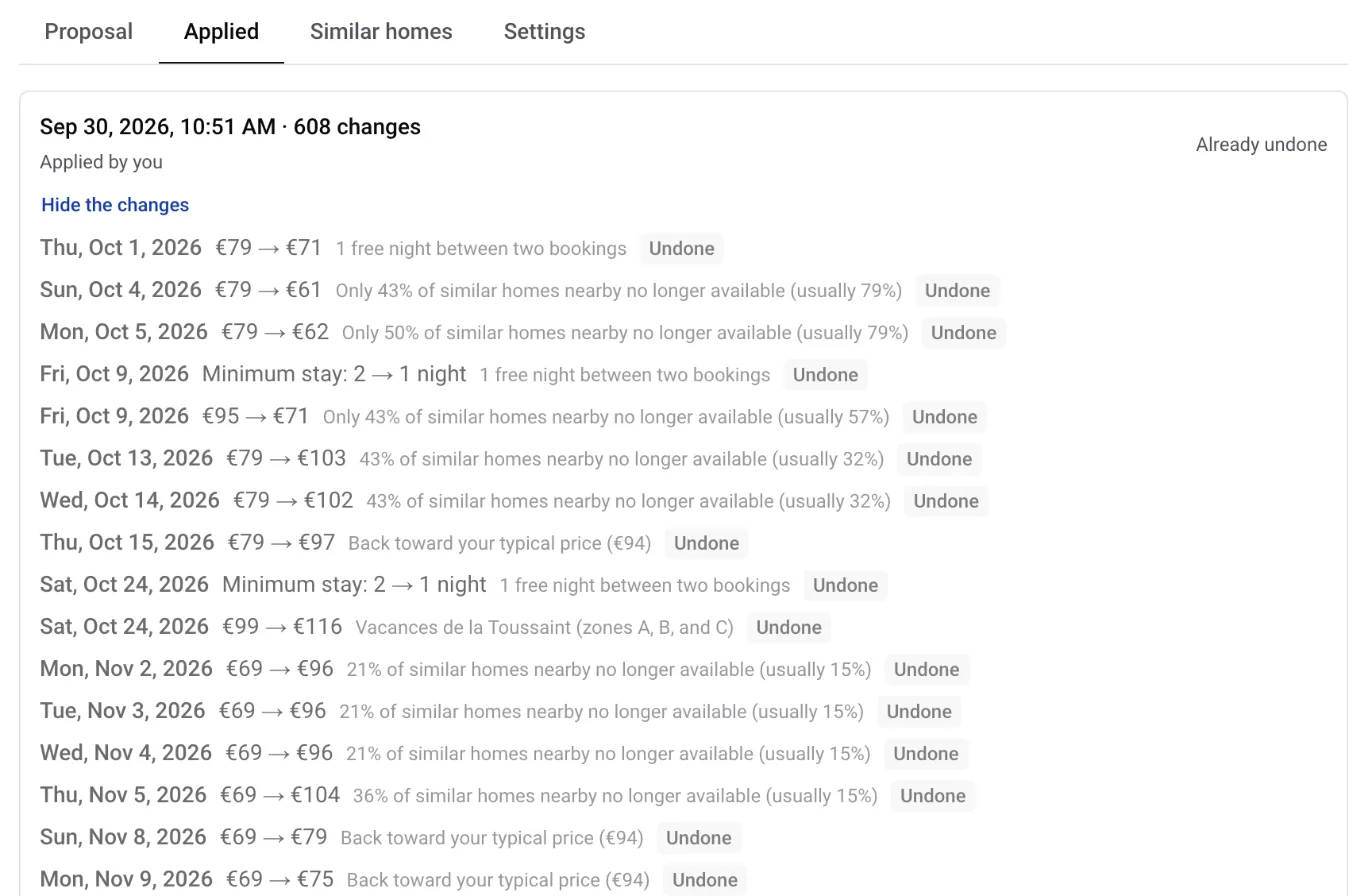 AI Pricing Applied tab: the list of nights changed by an update, with old and new prices