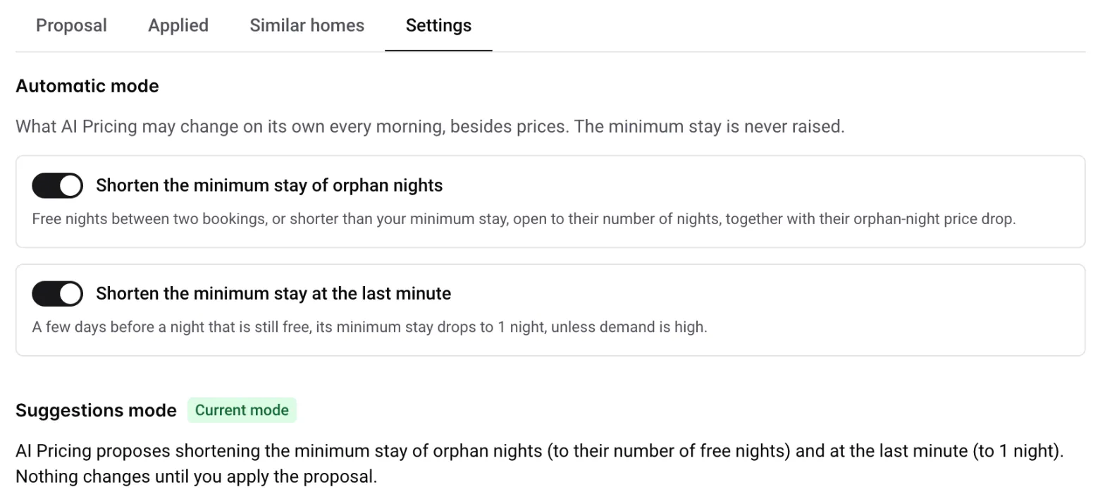 AI Pricing Settings tab: the two minimum-stay switches of Automatic mode