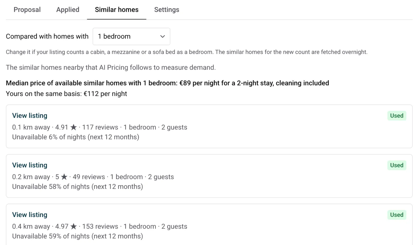 AI Pricing Similar homes tab: bedroom count, median price of similar homes and the homes used