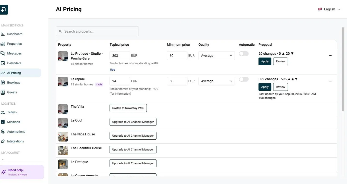The AI Pricing page: one row per property with typical price, minimum price, quality, Automatic and the proposal