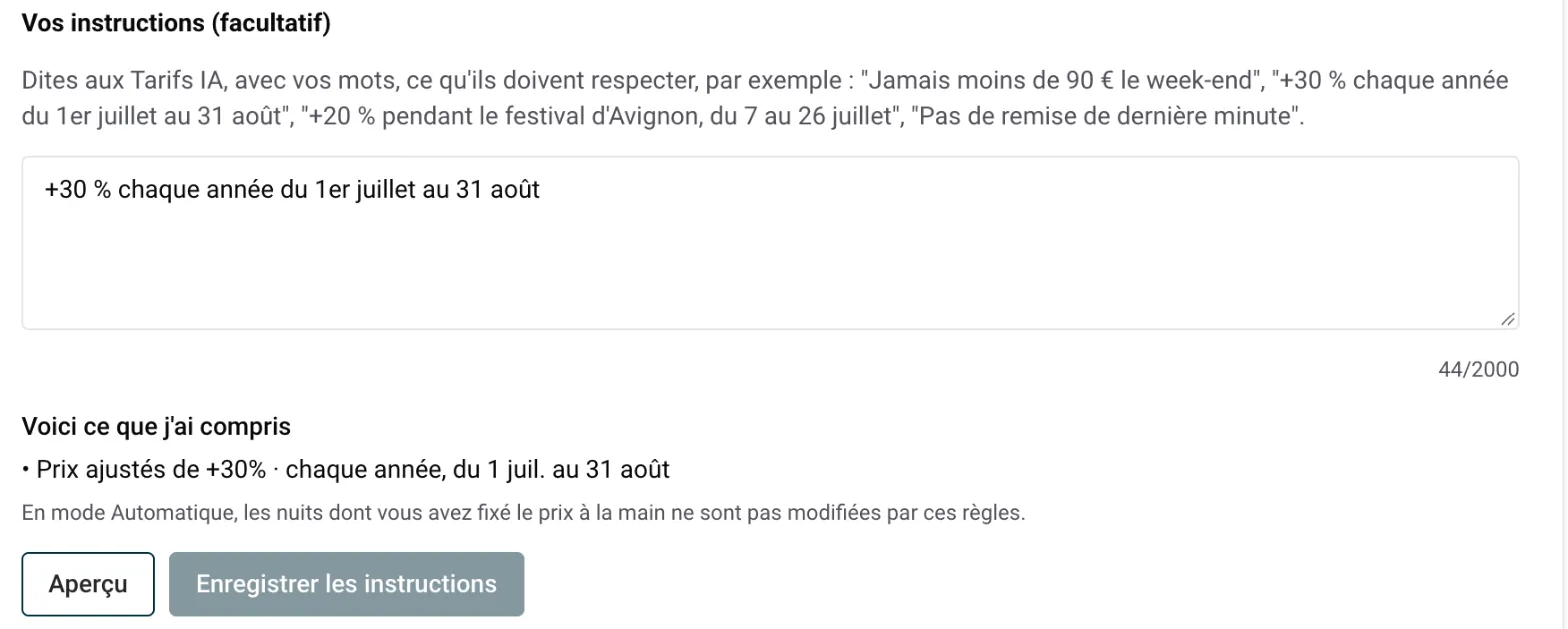 Instructions des Tarifs IA : une règle écrite avec vos mots et la façon dont elle a été comprise