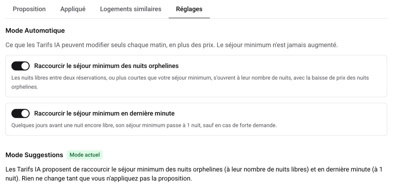 Onglet Réglages des Tarifs IA : les deux interrupteurs de séjour minimum du mode Automatique