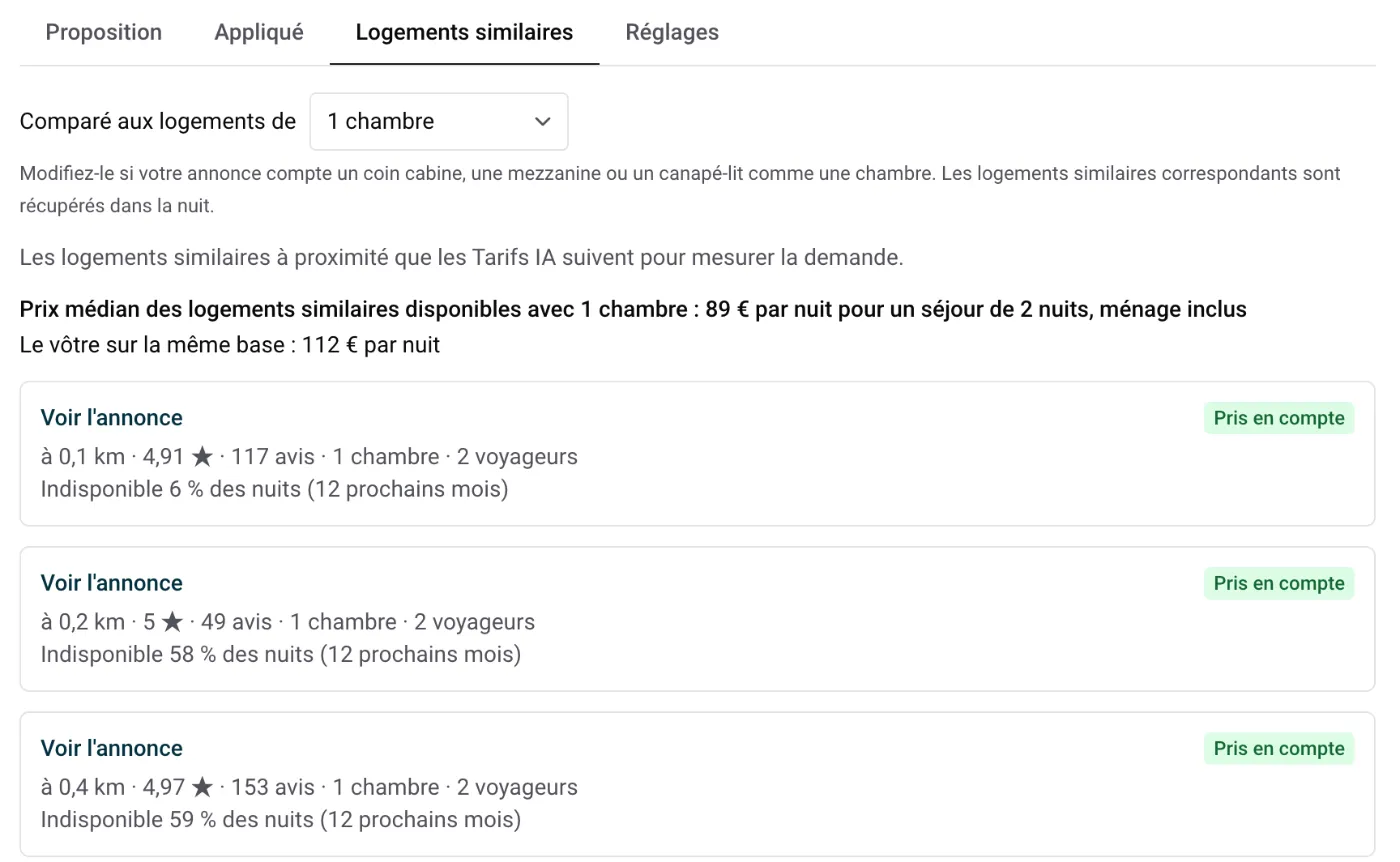 Onglet Logements similaires des Tarifs IA : nombre de chambres, prix médian des logements similaires et logements pris en compte
