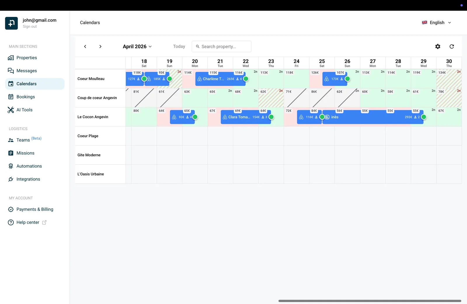 Nowistay calendar overview showing color-coded availability with green, red, and striped restriction indicators
