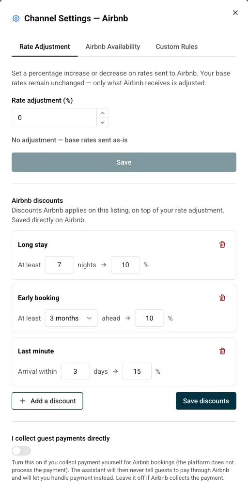 Channel Settings dialog showing the Airbnb discounts section with a long stay, an early booking and a last minute discount