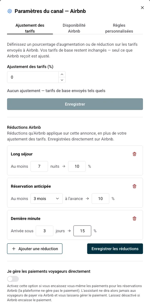 Fenêtre des paramètres du canal montrant la section Réductions Airbnb avec une réduction long séjour, une réservation anticipée et une dernière minute