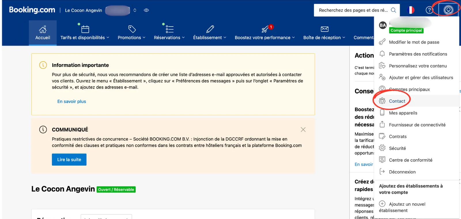 Page des contacts Booking