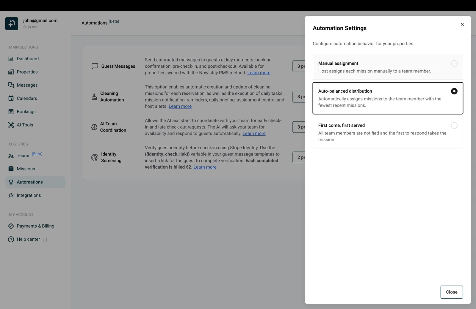 Automation assignment mode settings in Nowistay
