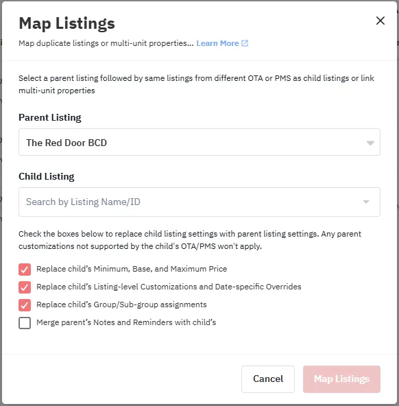 PriceLabs Map Listings dialog showing parent and child listing selection with configuration options
