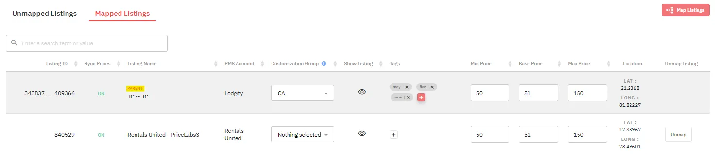 PriceLabs Manage Listings page showing the Mapped Listings tab with Unmap button