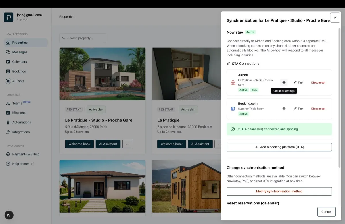 Nowistay synchronization drawer showing the Channel settings button for Airbnb