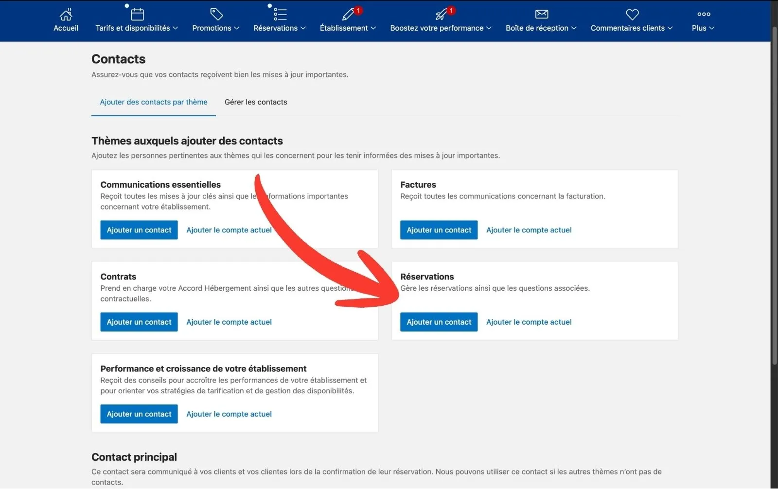 Section Réservations avec Ajouter un contact