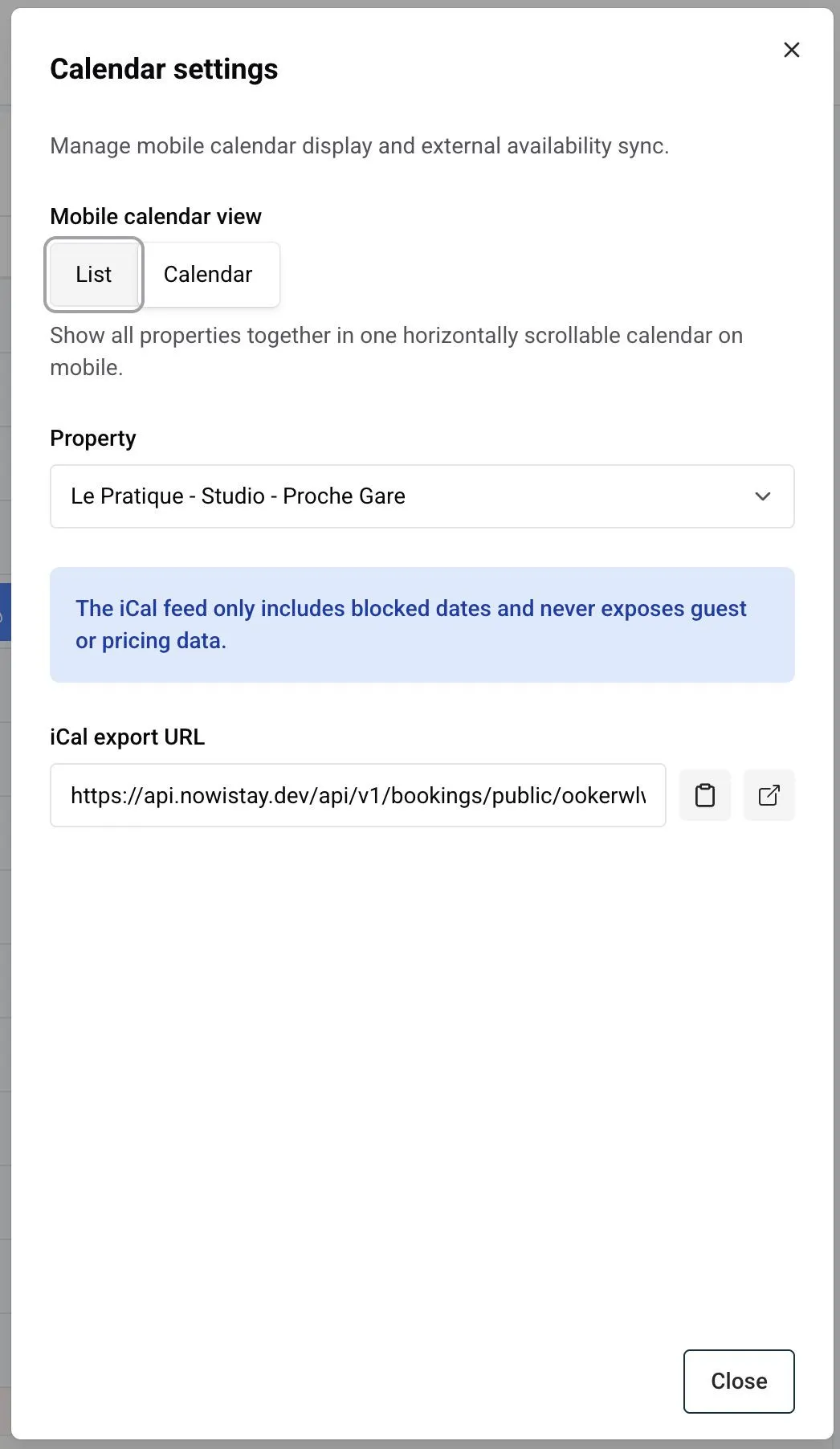 Calendar settings dialog showing mobile view toggle and iCal export URL