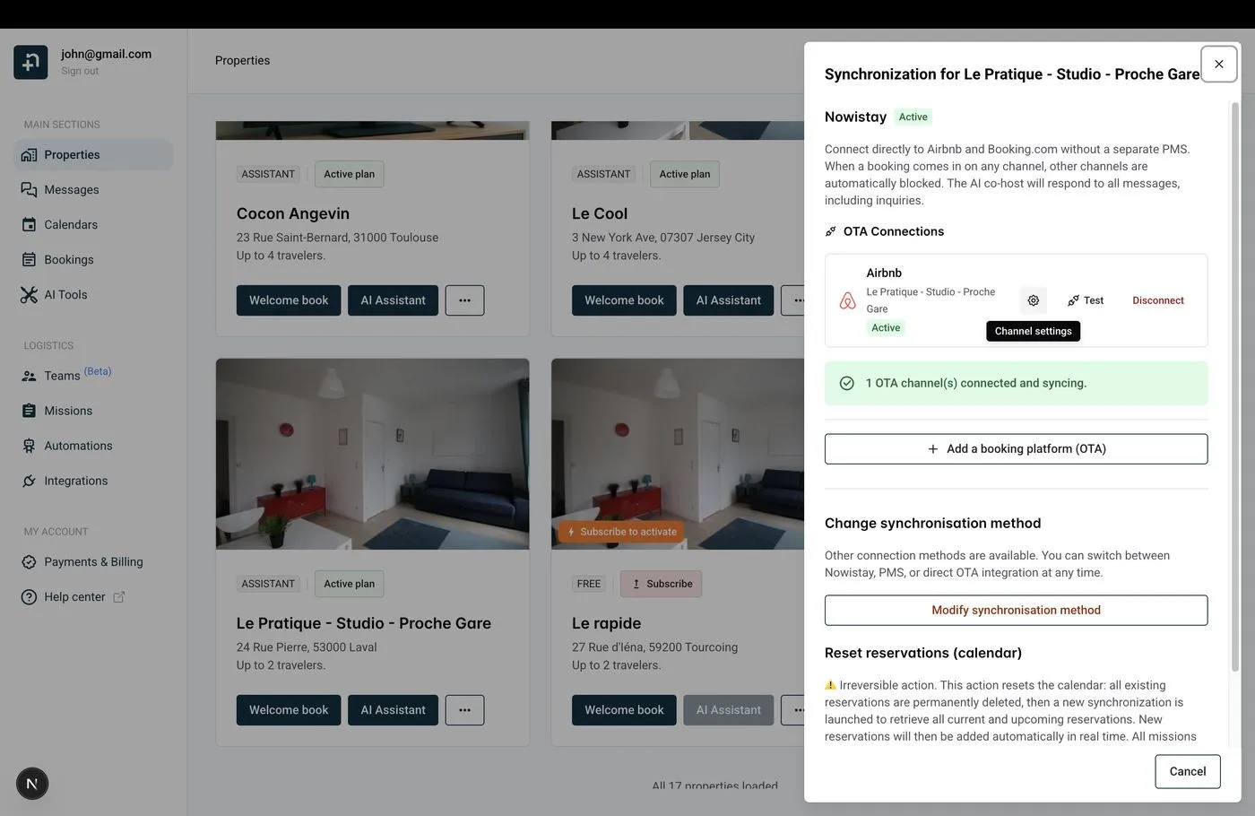 Synchronization drawer showing the Airbnb channel with Channel settings button