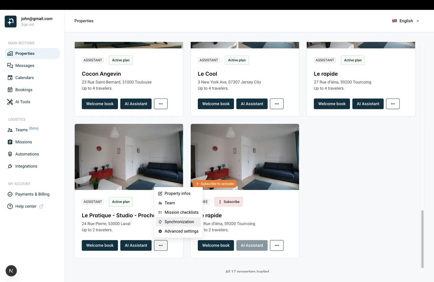Properties page showing the three-dot menu with Synchronization option