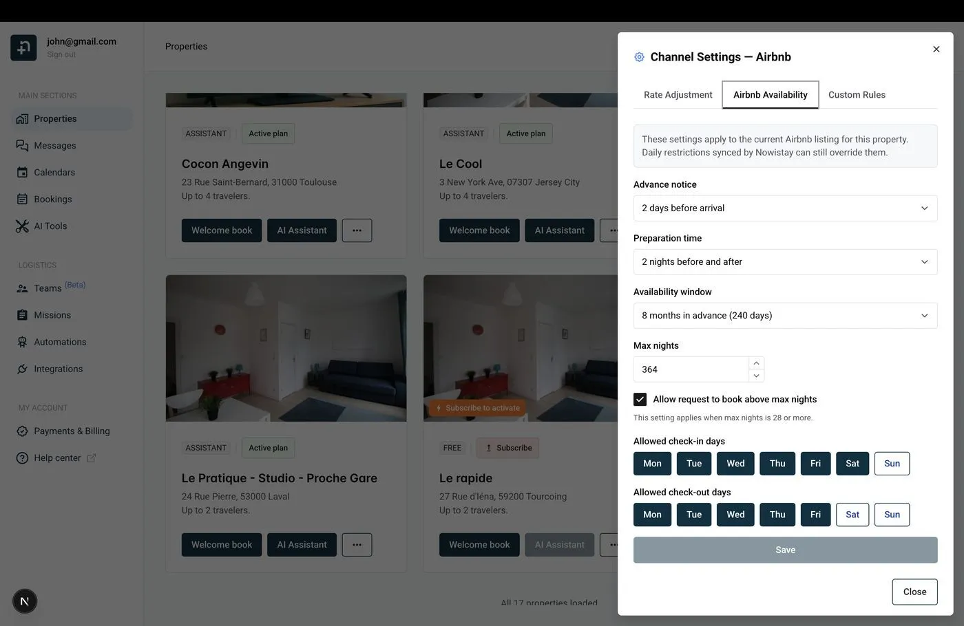 Channel Settings for Airbnb with the Airbnb Availability tab