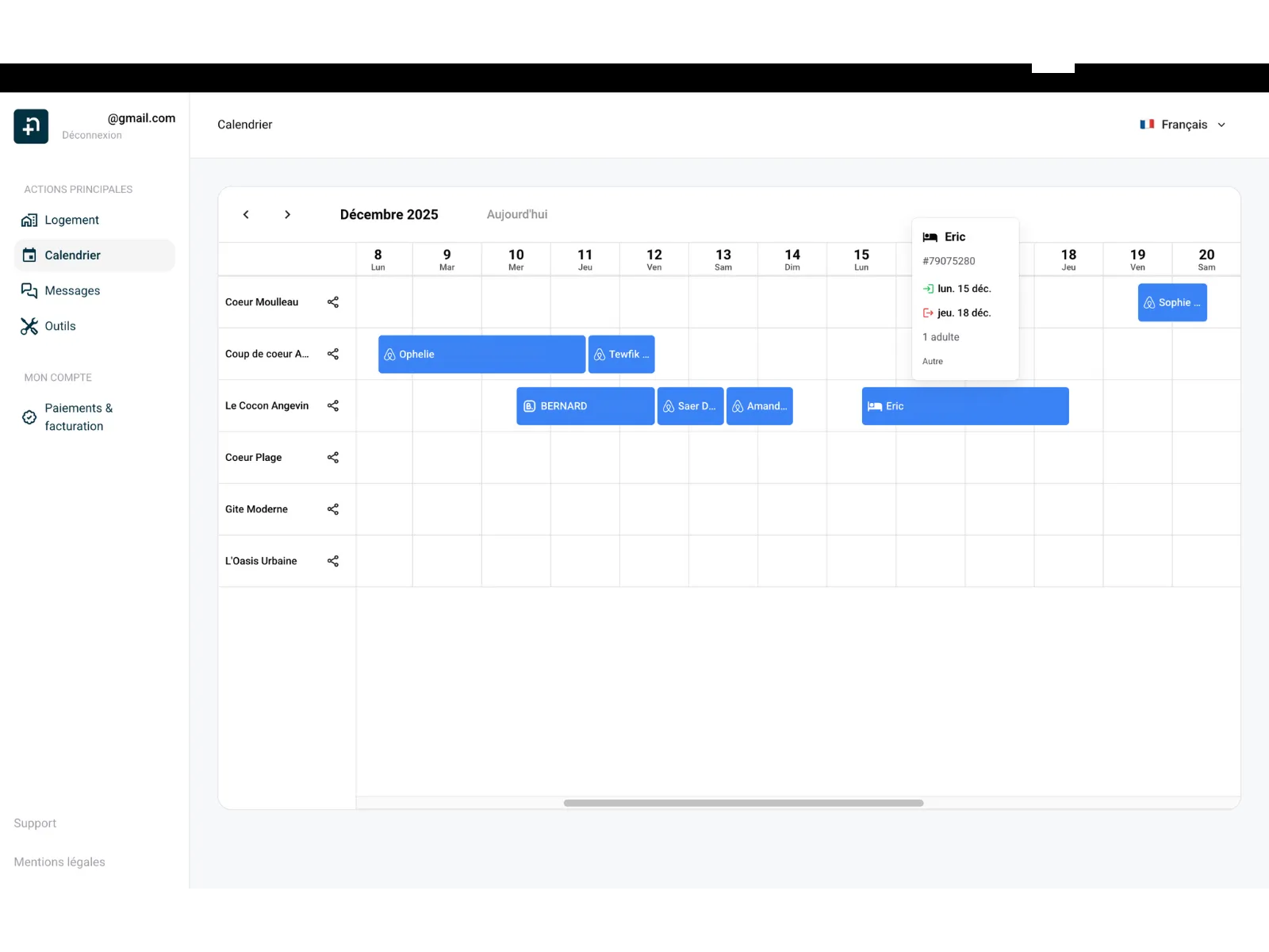 Nowistay booking calendar showing reservations from multiple platforms