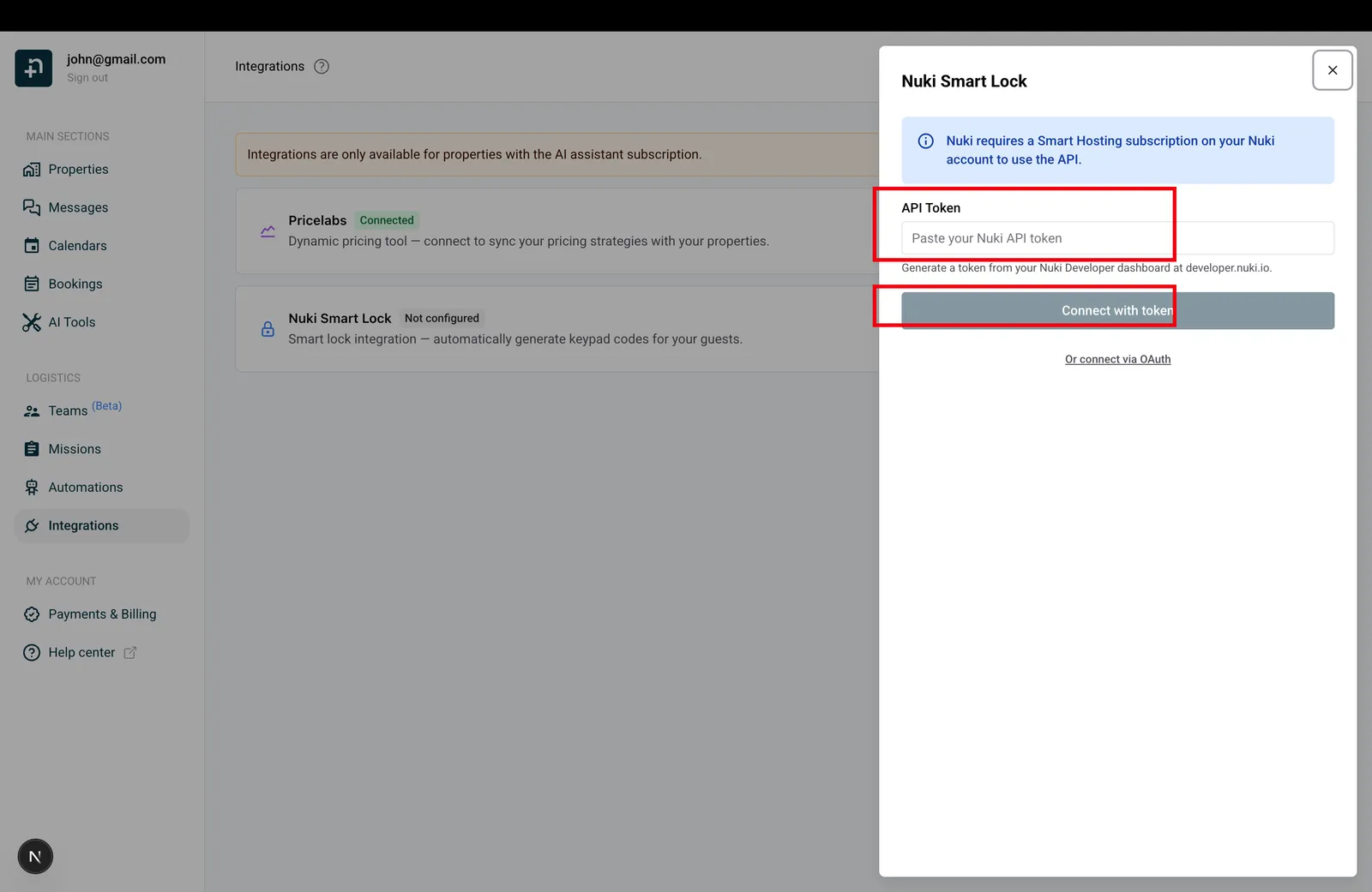 Nowistay Nuki connection drawer showing API Token field