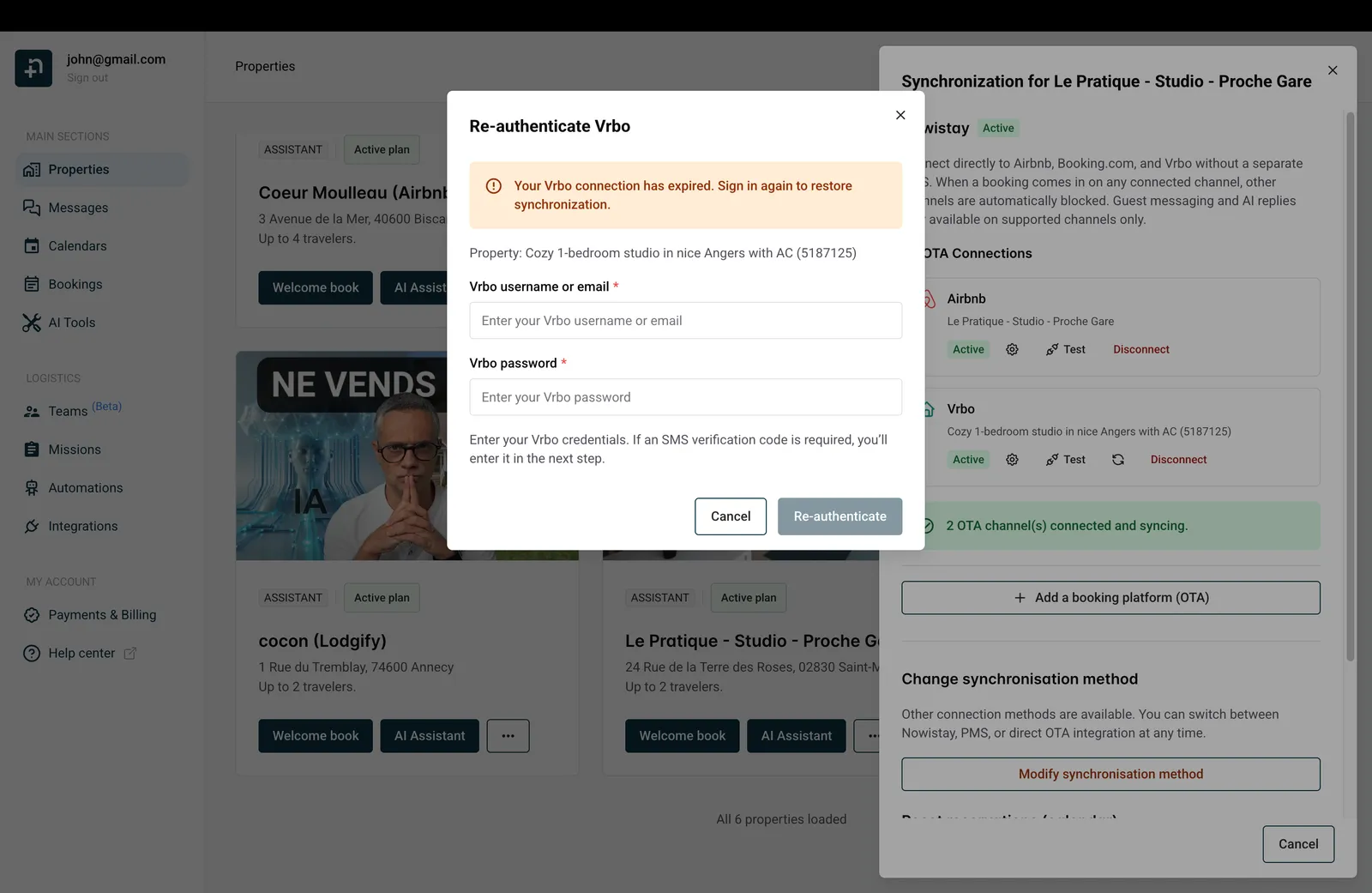 Re-authenticate Vrbo dialog showing credential fields and re-authenticate button