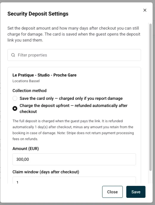 Security Deposit Settings with the Collection method choice: save the card only or charge the deposit upfront