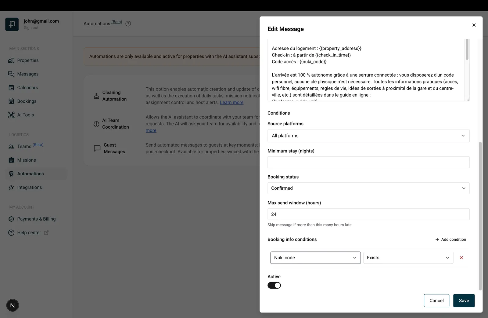 Conditions section of the template editor showing Source platforms filter with VRBO option