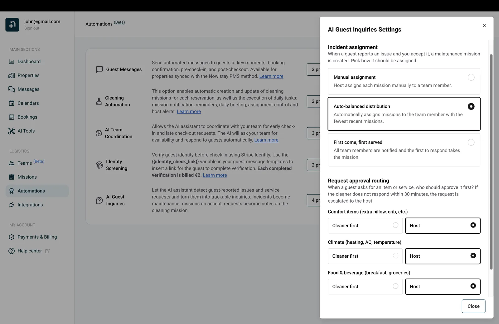 The AI Guest Inquiries settings drawer with two sections: Incident assignment and Request approval routing.