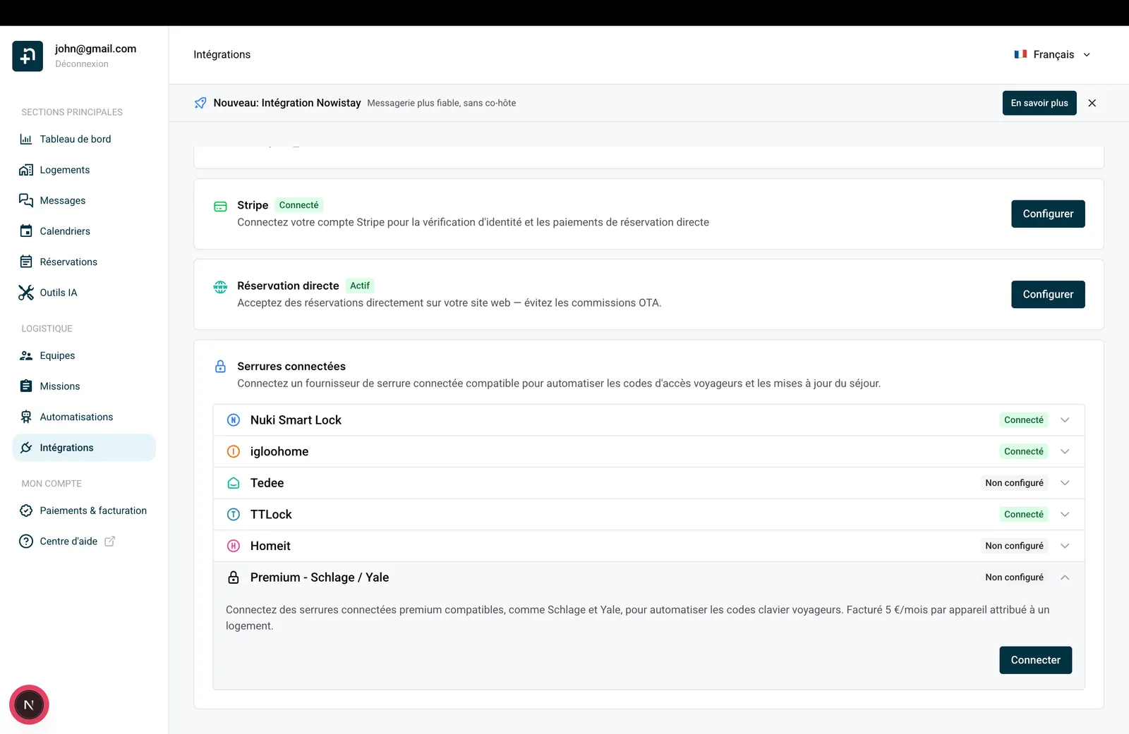 Page Intégrations Nowistay avec la carte Premium - Schlage / Yale / August / KeyNest dans Serrures connectées
