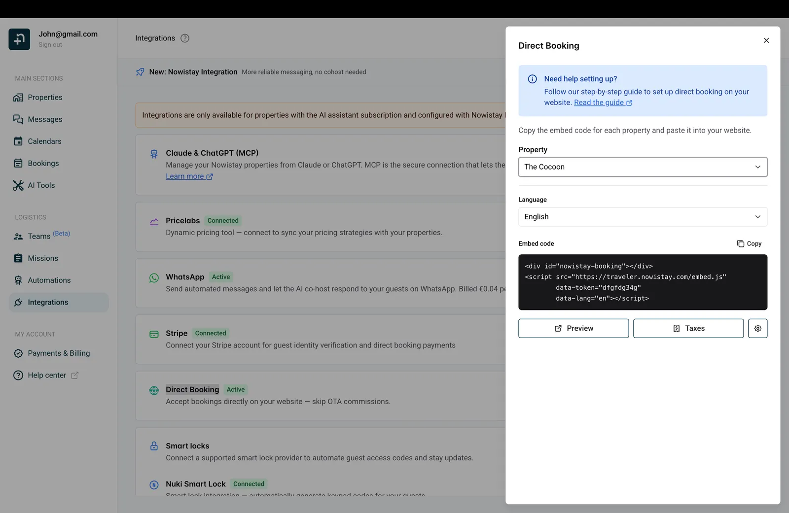 Direct Booking configuration modal with property selector, language option and embed code