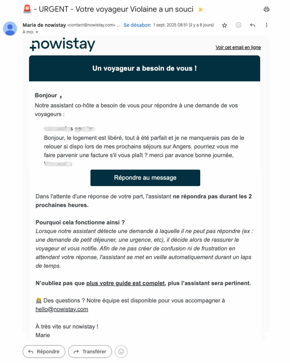 Email notification nowistay