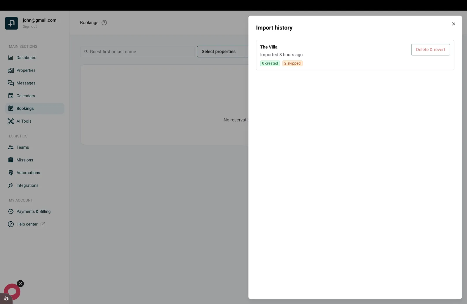 The Import history panel listing a past import with created and skipped counts, and the Delete and revert button.