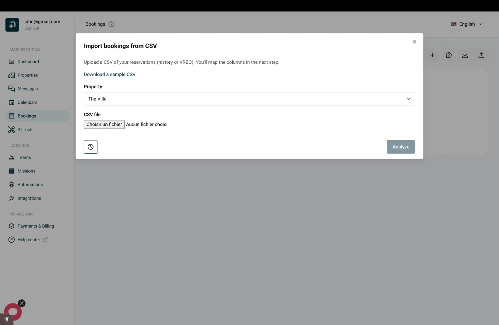 The Import bookings from CSV window: choose a property, download a sample CSV, and upload your file before clicking Analyze.