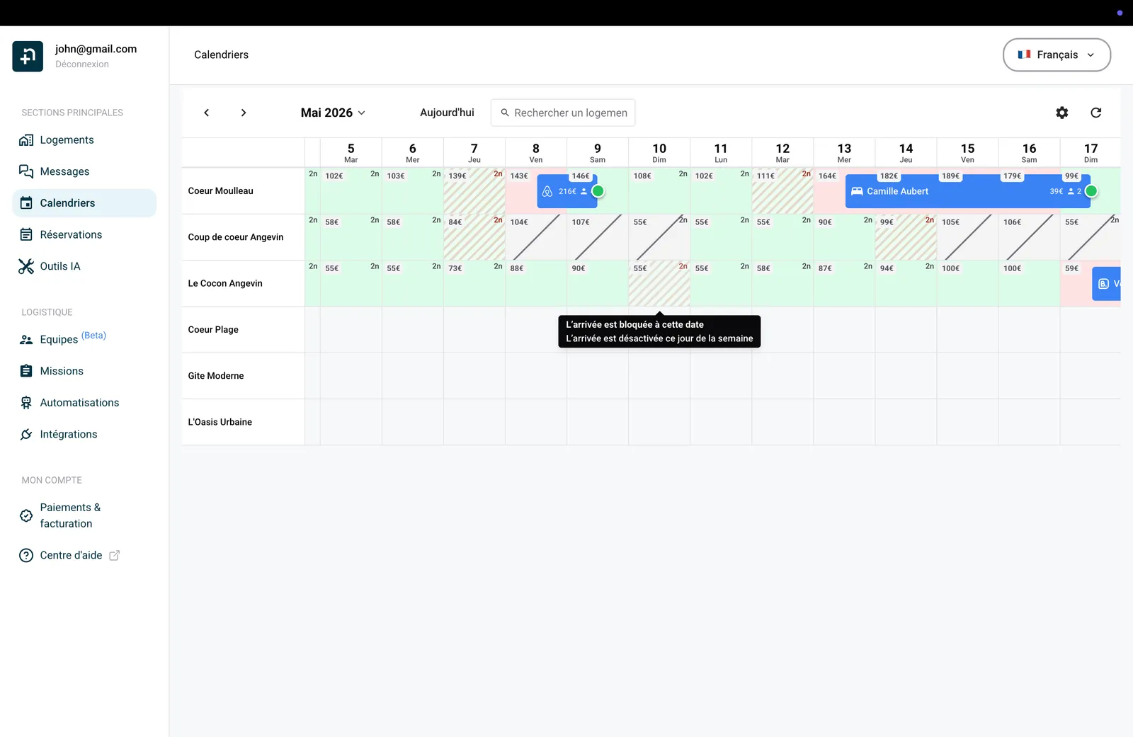 Calendrier montrant une infobulle sur une date restreinte expliquant que l'arrivée est désactivée ce jour de la semaine